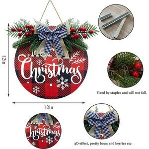 Merry Christmas Wreaths for Front Door Buffalo Plaid Christmas Decorations (Red)